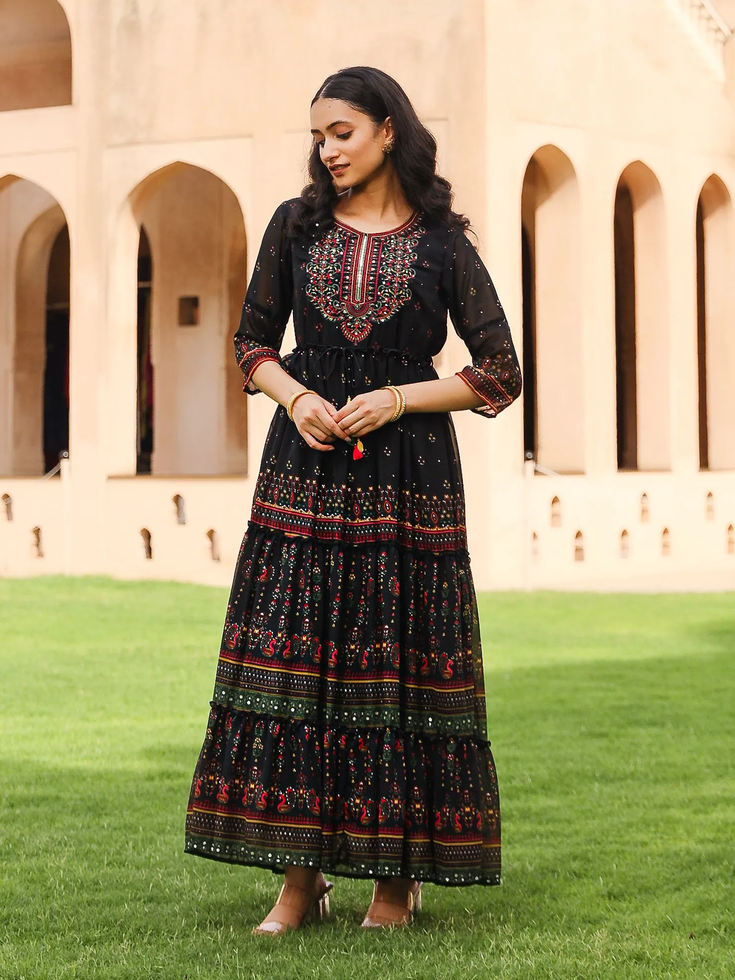 Black Ethnic Motif Printed Georgette Maxi Dress With Sequins & Doris At Waist