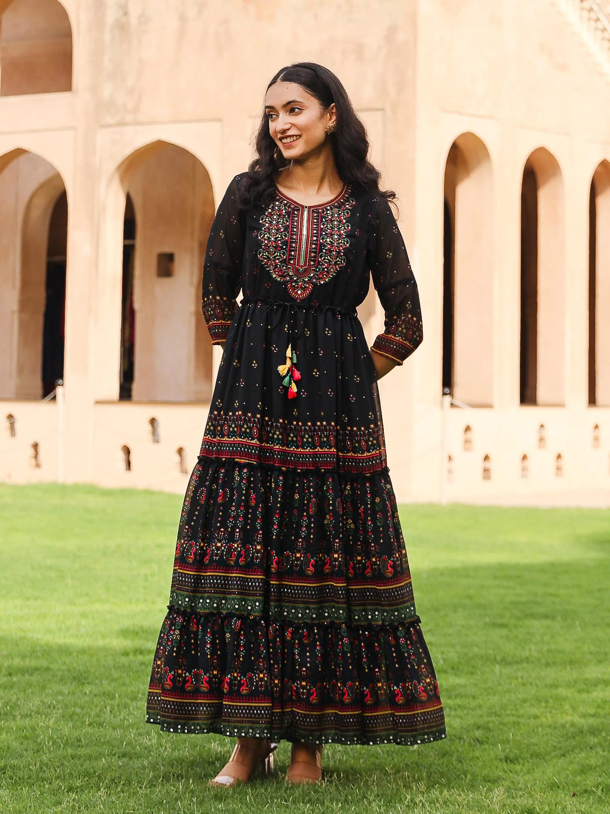 Black Ethnic Motif Printed Georgette Maxi Dress With Sequins & Doris At Waist