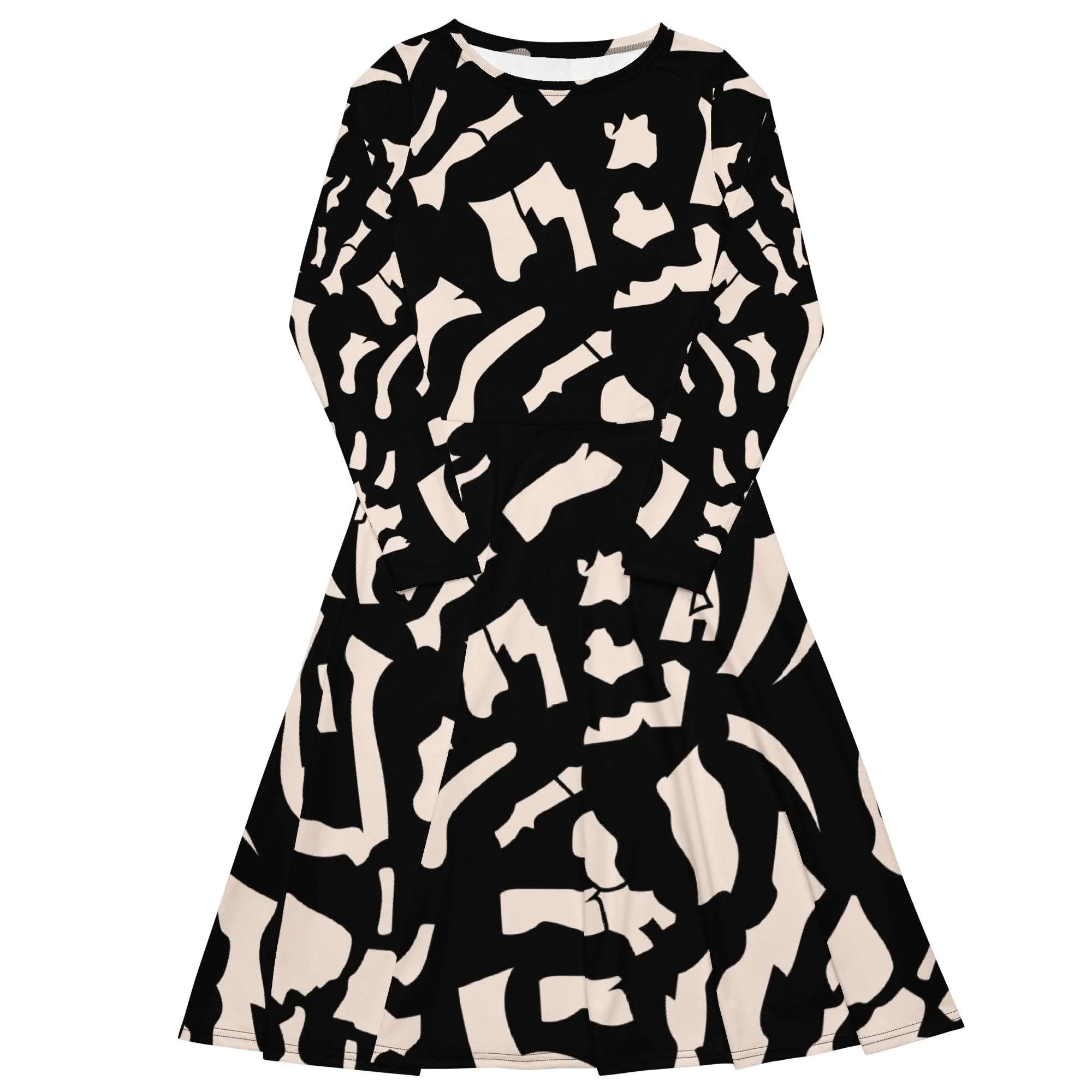 Black Printed Dress Popular All-Over Print Long Sleeve Midi Dress