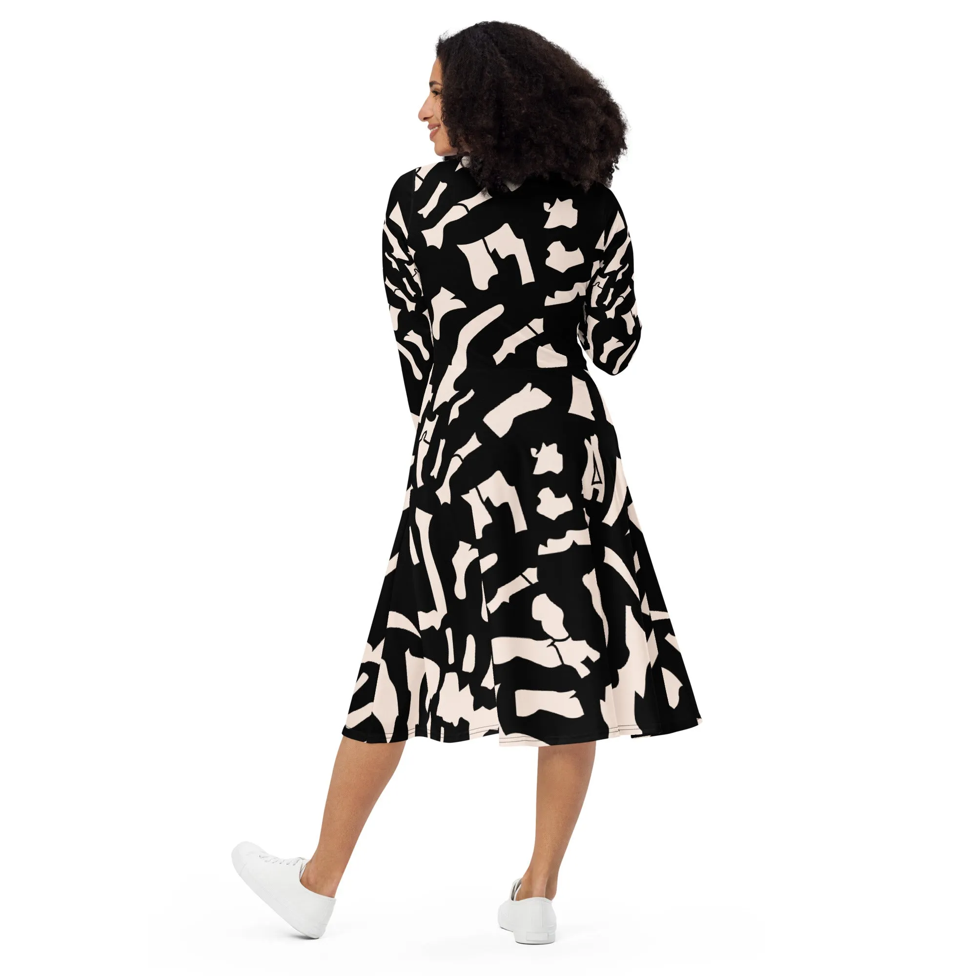 Black Printed Dress Popular All-Over Print Long Sleeve Midi Dress