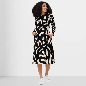 Black Printed Dress Popular All-Over Print Long Sleeve Midi Dress