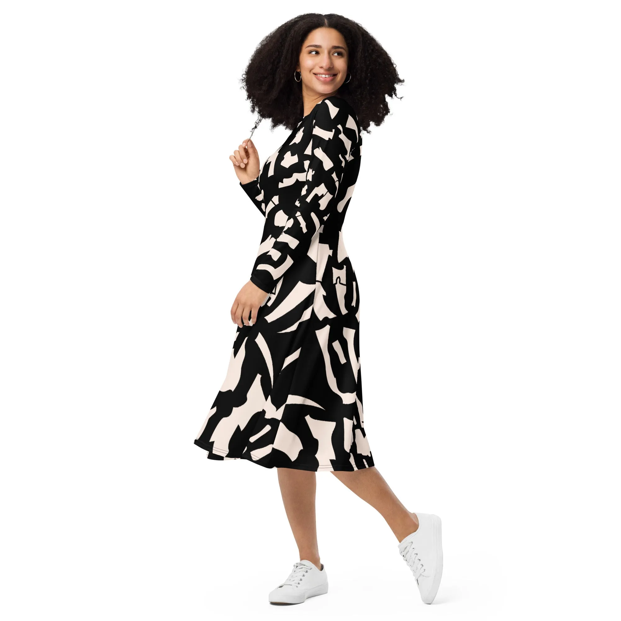 Black Printed Dress Popular All-Over Print Long Sleeve Midi Dress