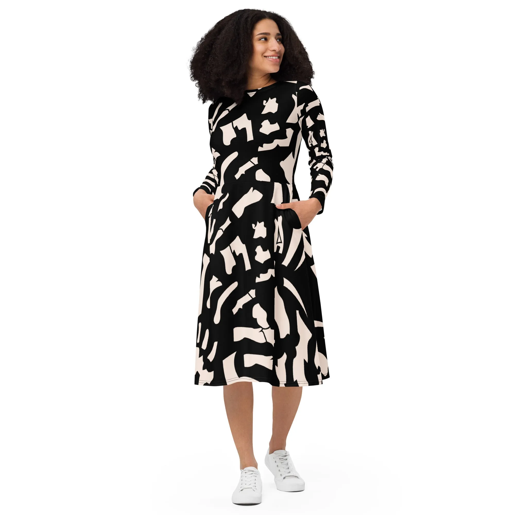 Black Printed Dress Popular All-Over Print Long Sleeve Midi Dress