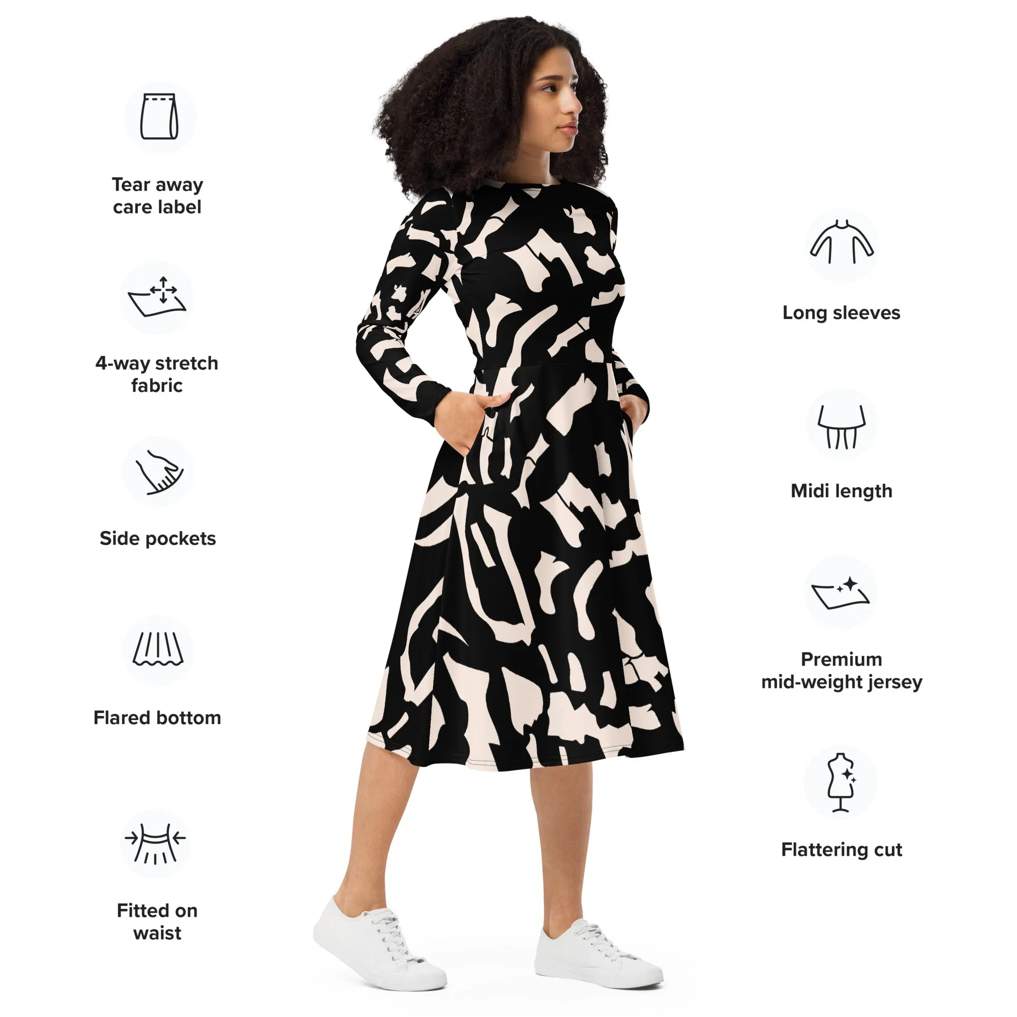 Black Printed Dress Popular All-Over Print Long Sleeve Midi Dress