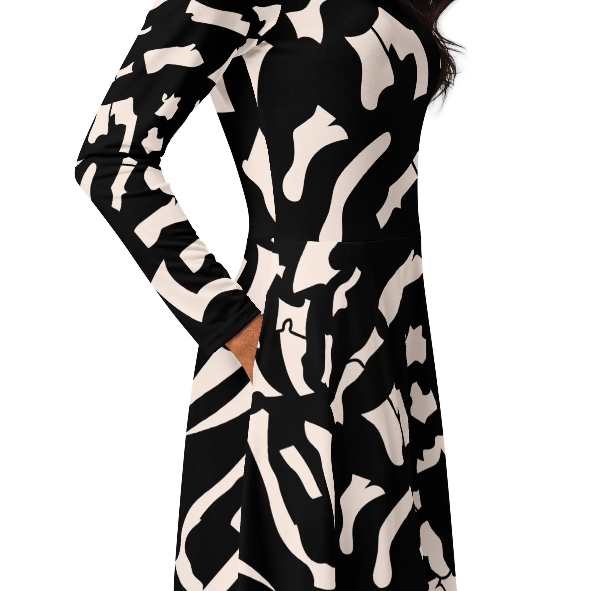 Black Printed Dress Popular All-Over Print Long Sleeve Midi Dress