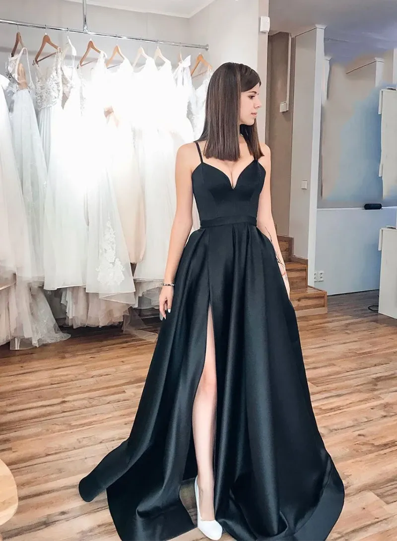 Black Spaghetti Strap Simple Long Prom Dress Evening Dress SED294