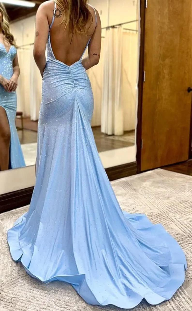 Blue Beading Prom Dress with Slit Formal Evening Dresses