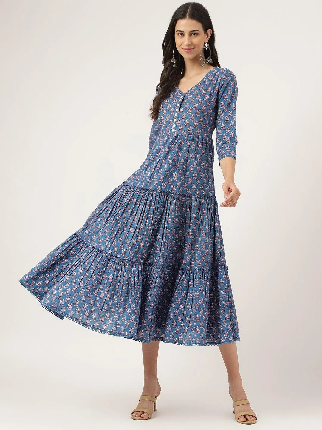 Blue Floral Printed Long Dress