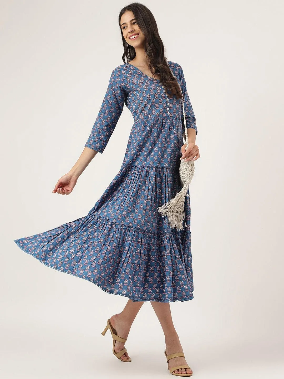 Blue Floral Printed Long Dress