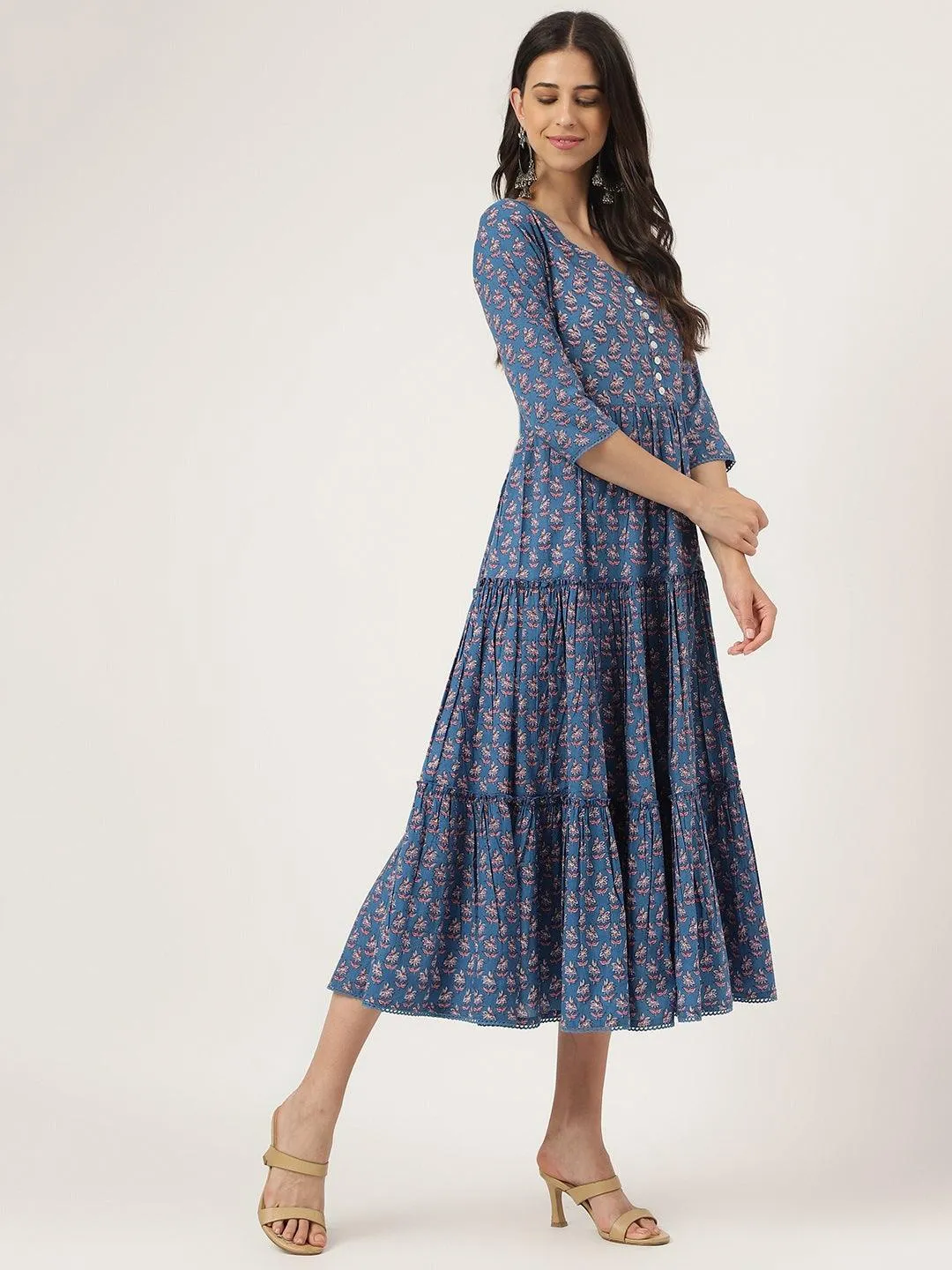 Blue Floral Printed Long Dress