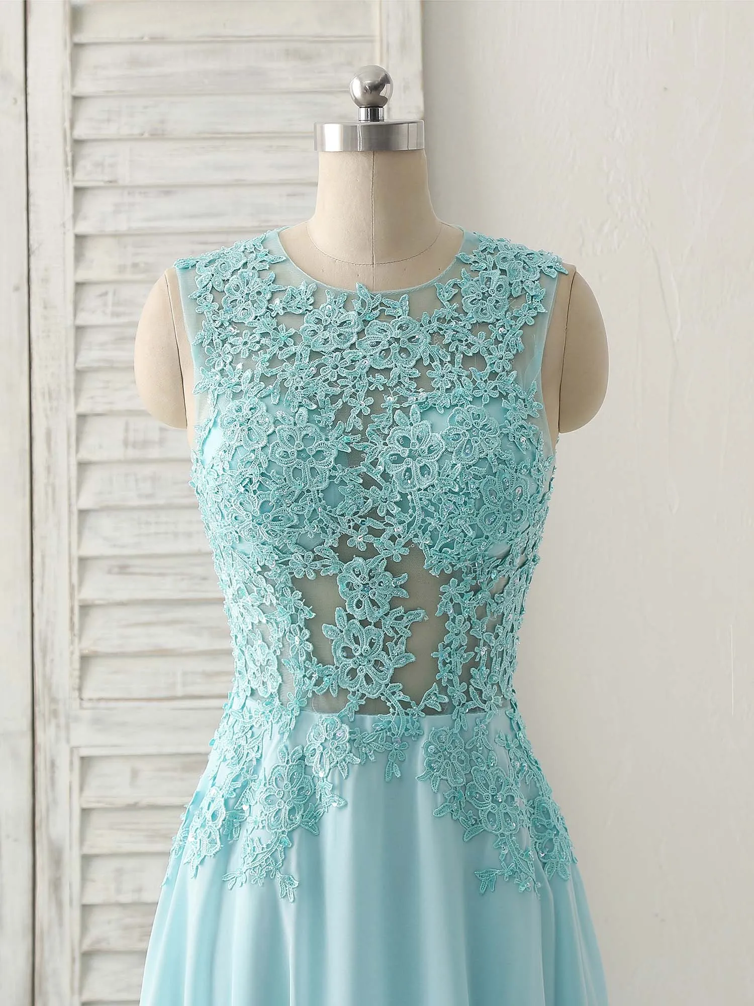 Blue Round Neck Lace Chiffon Long Prom Dress, Blue Long Formal Dresses