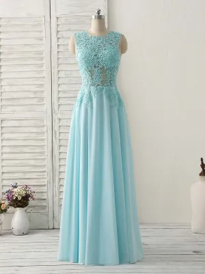 Blue Round Neck Lace Chiffon Long Prom Dress, Blue Long Formal Dresses