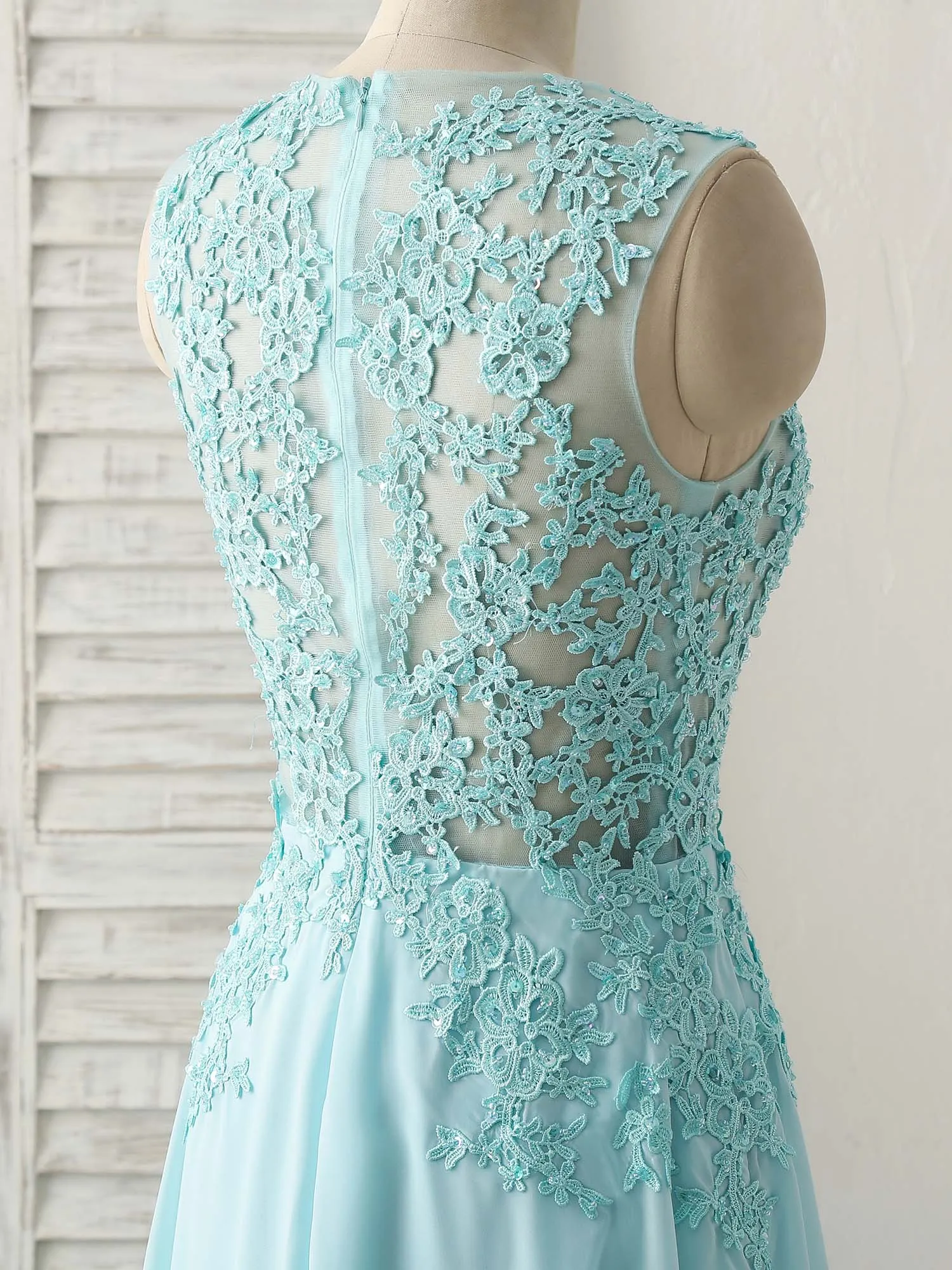 Blue Round Neck Lace Chiffon Long Prom Dress, Blue Long Formal Dresses