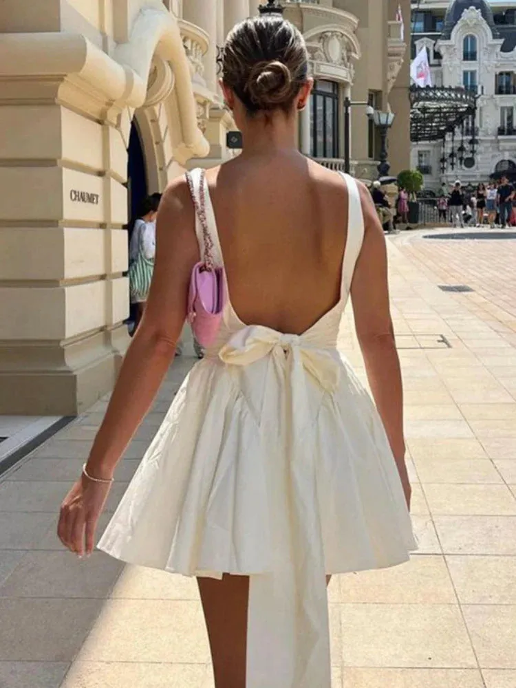 Bow Folds Sundress Backless Elegant Waist High Splice Up Bandage Mini Lace Dress