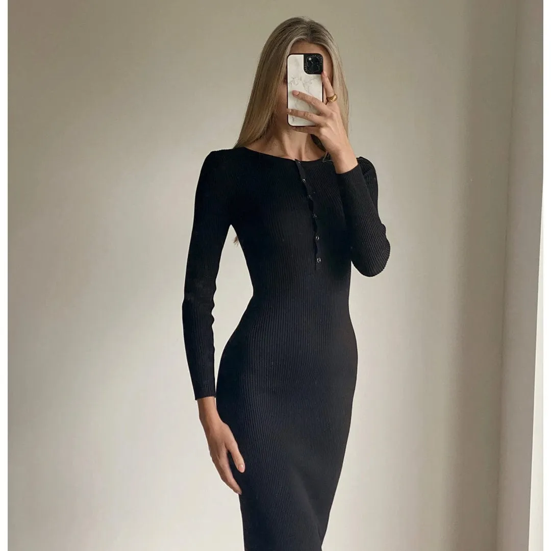 BRENA Black Long Sleeve Bodycon Knit Midi Dress