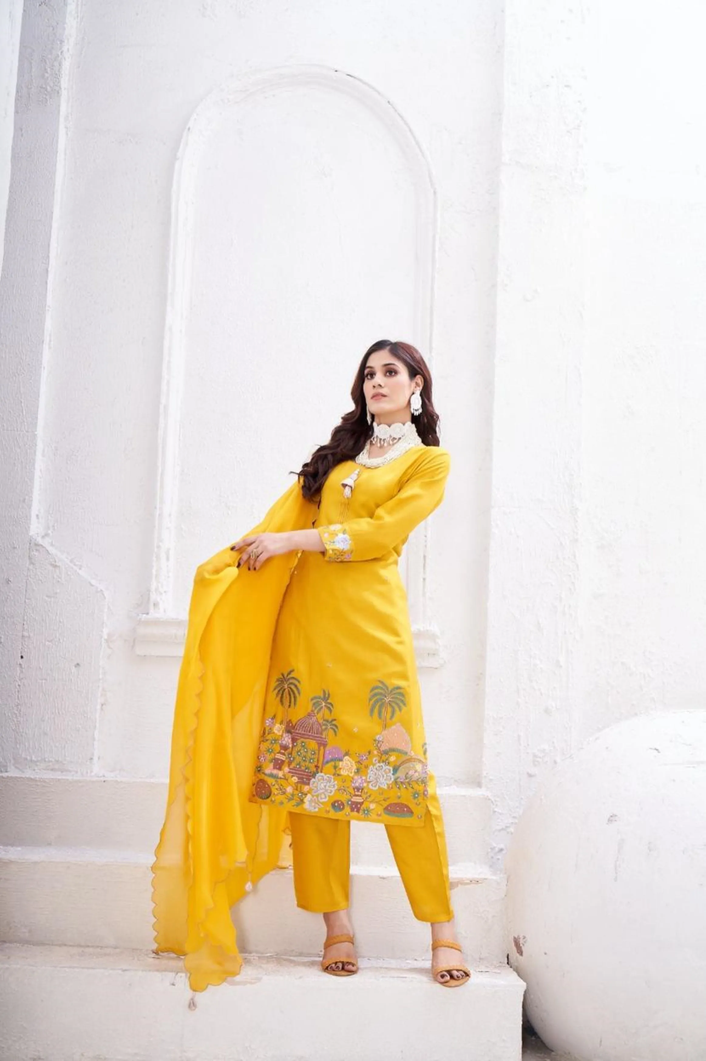 Bright Yellow Embellished Glass Tissue Organza Kurta Pant Set