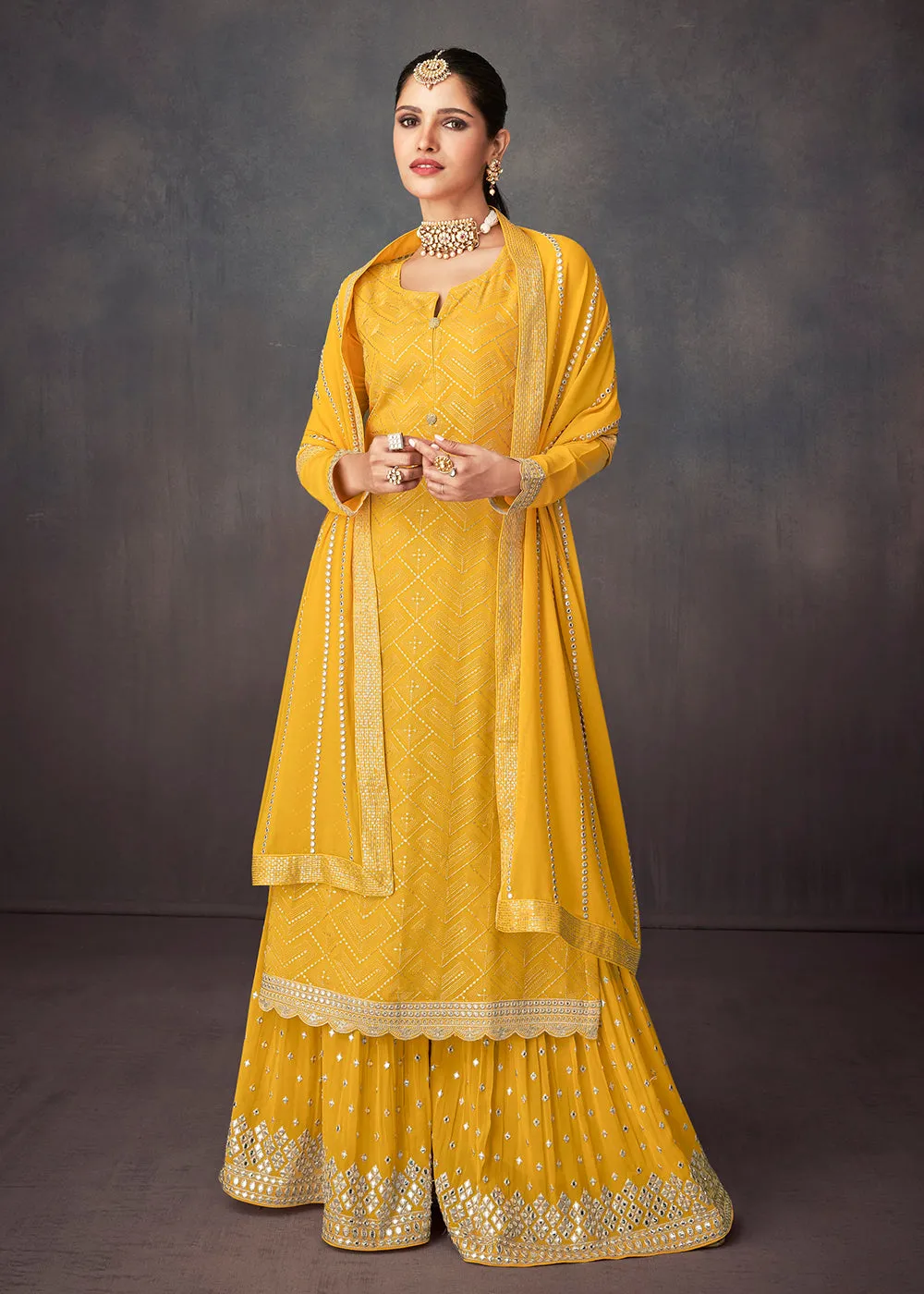 Bright Yellow Georgette Embellished Festive Sharara Suit