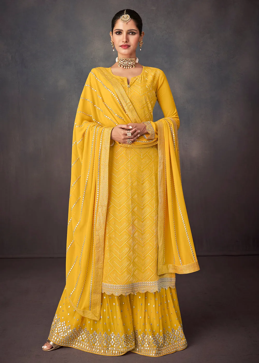 Bright Yellow Georgette Embellished Festive Sharara Suit