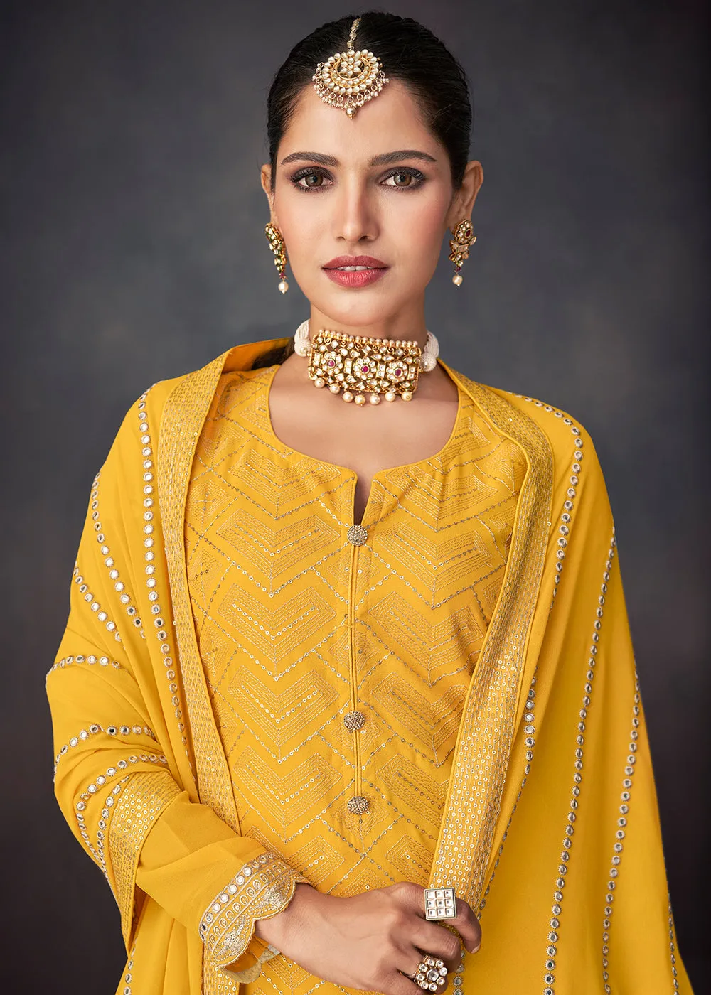 Bright Yellow Georgette Embellished Festive Sharara Suit