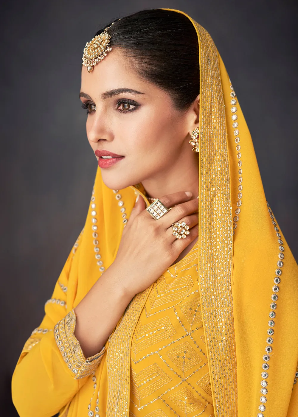 Bright Yellow Georgette Embellished Festive Sharara Suit