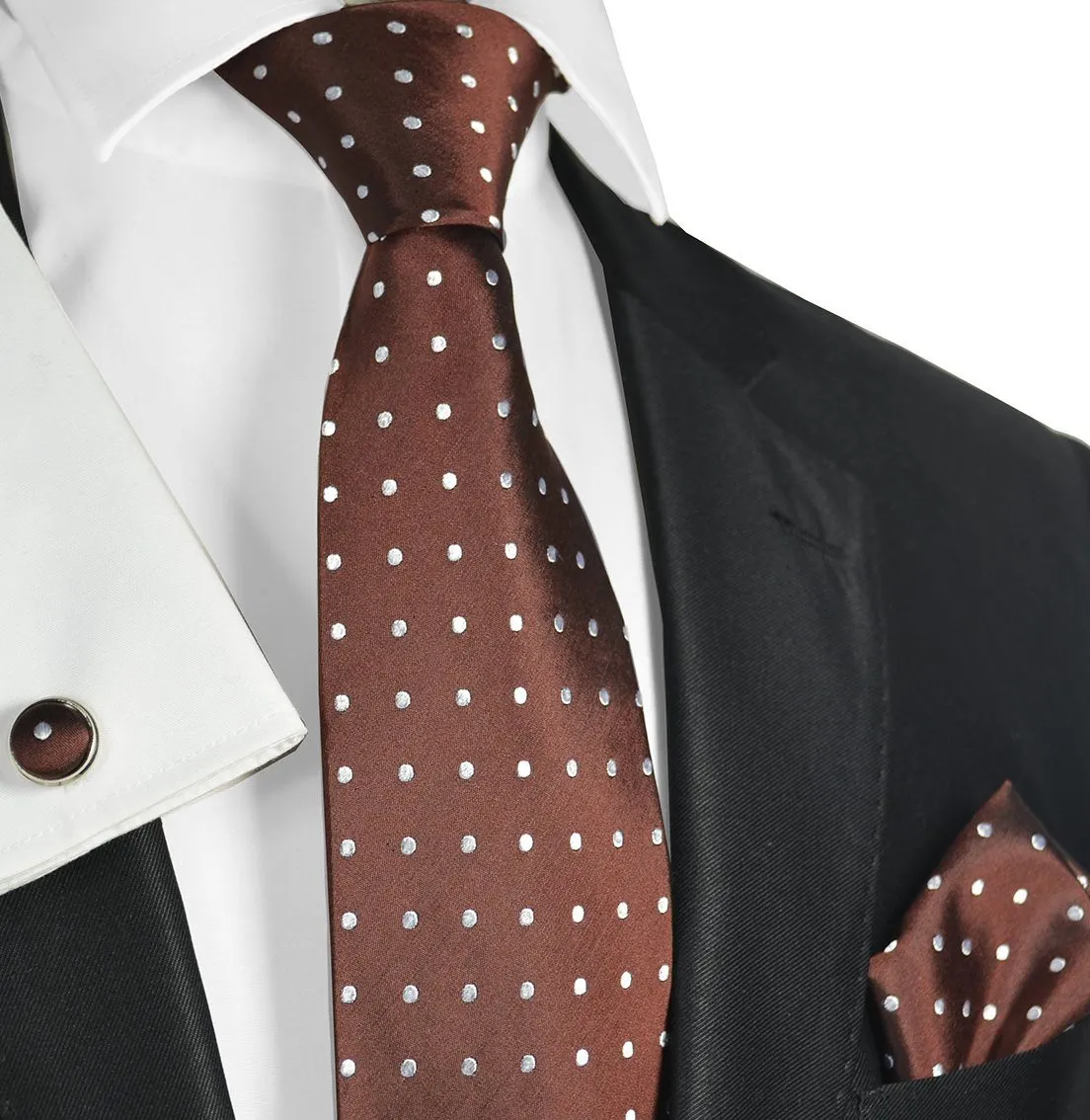 Brown and White Polka Dots Silk Tie Set