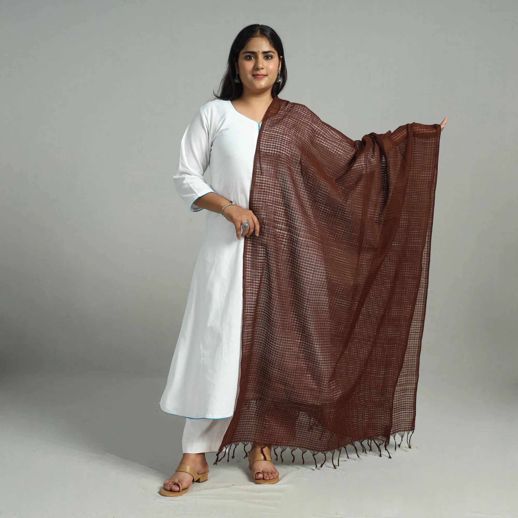 Brown - Handloom Missing Checks Cotton Mangalagiri Dupatta 02