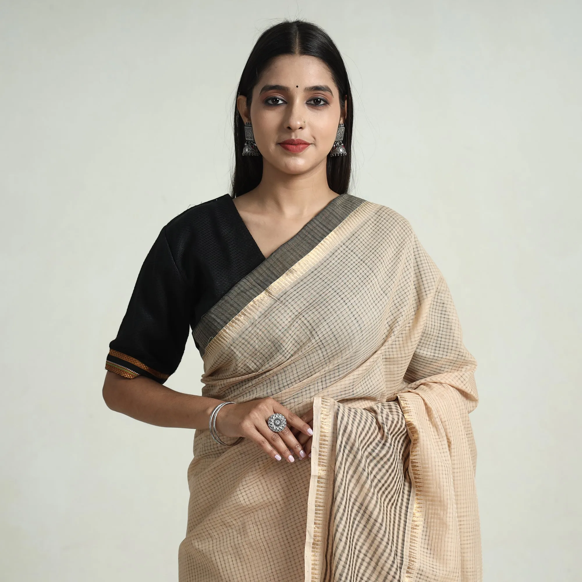 Brown - Mangalagiri Missing Checks Cotton Handloom Saree with Pochampally Ikat Blouse Piece