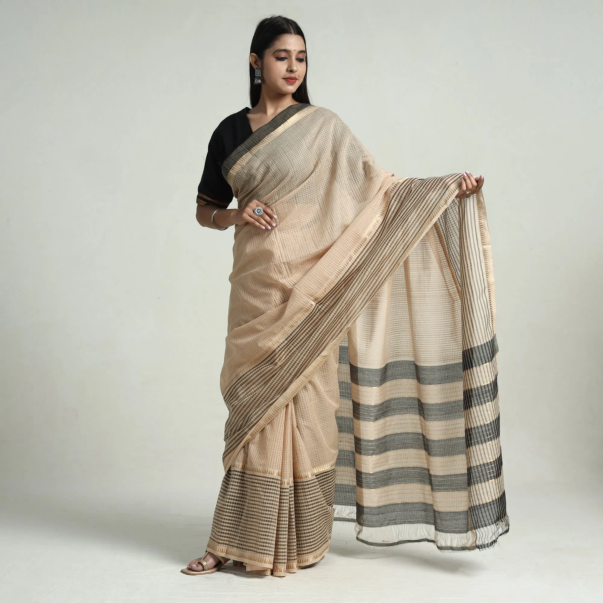 Brown - Mangalagiri Missing Checks Cotton Handloom Saree with Pochampally Ikat Blouse Piece