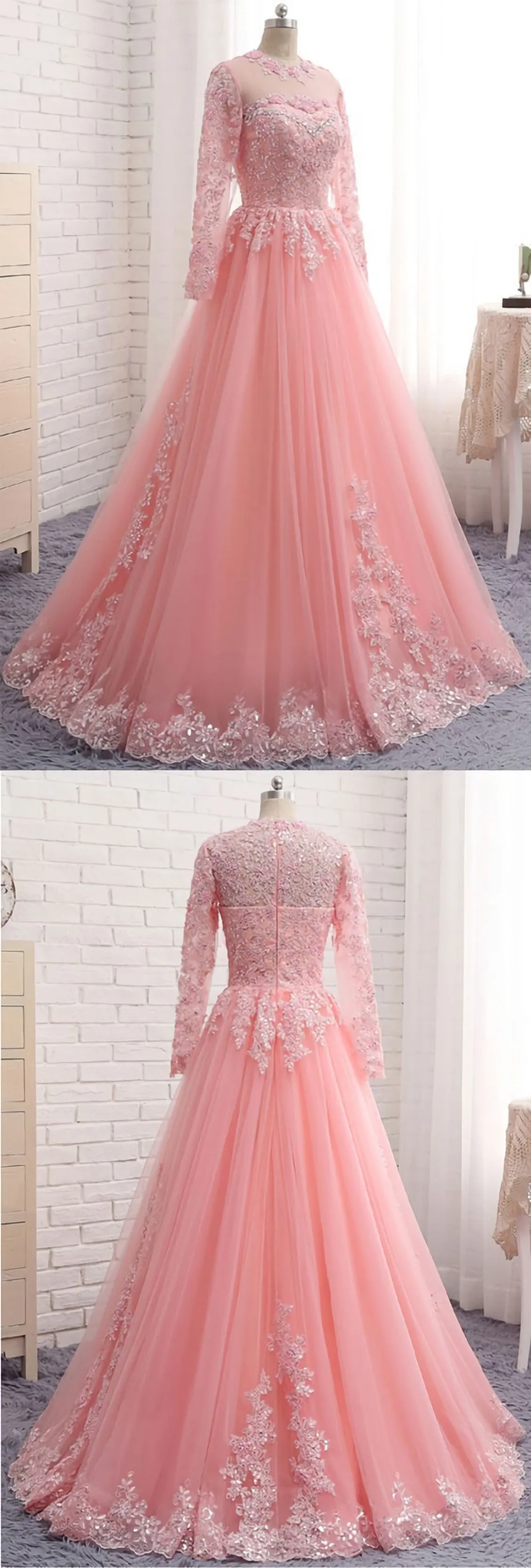 Charming Long Sleeve Appliques Pink Tulle Prom Dresses Elegant Evening Formal Dress