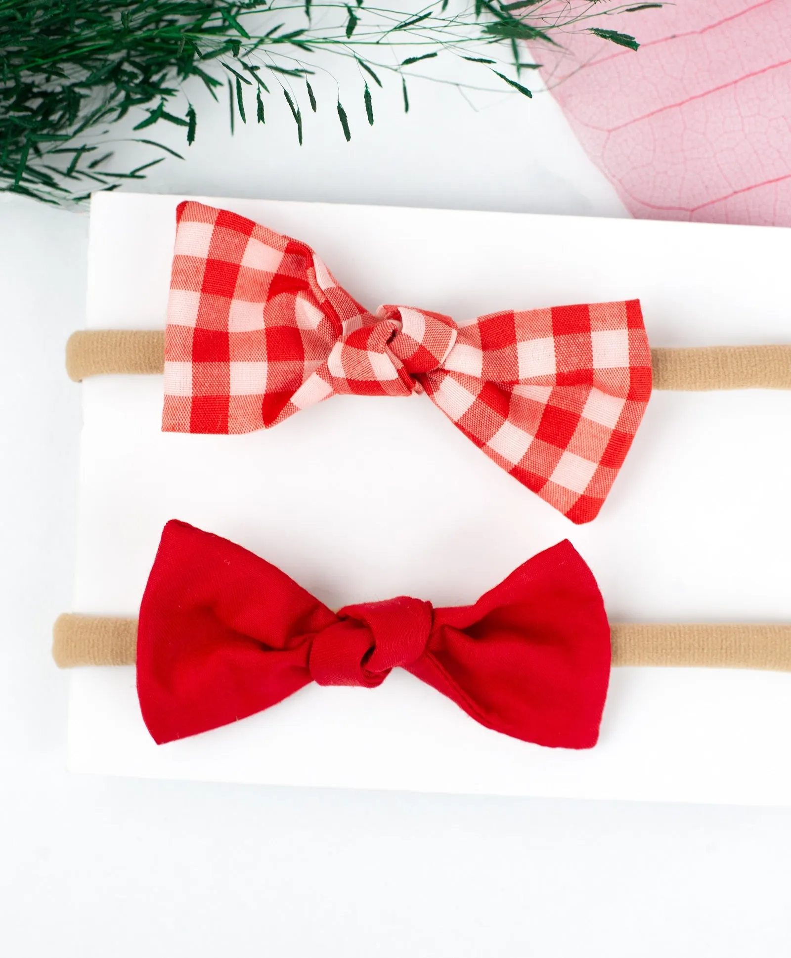 Checked Knot Bow Headband Set - Red