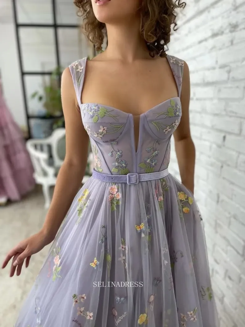 Chic A-line Flower Appliqu Tulle Lilac Prom Dresses Embellished Evening Dress POL013