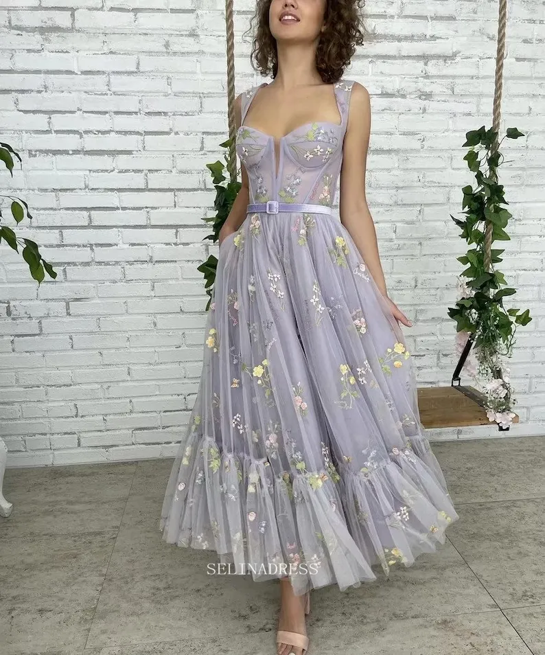 Chic A-line Flower Appliqu Tulle Lilac Prom Dresses Embellished Evening Dress POL013