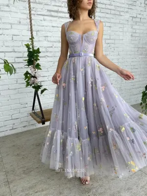 Chic A-line Flower Appliqu Tulle Lilac Prom Dresses Embellished Evening Dress POL013