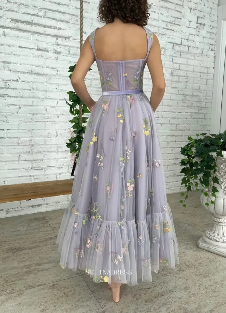 Chic A-line Flower Appliqu Tulle Lilac Prom Dresses Embellished Evening Dress POL013