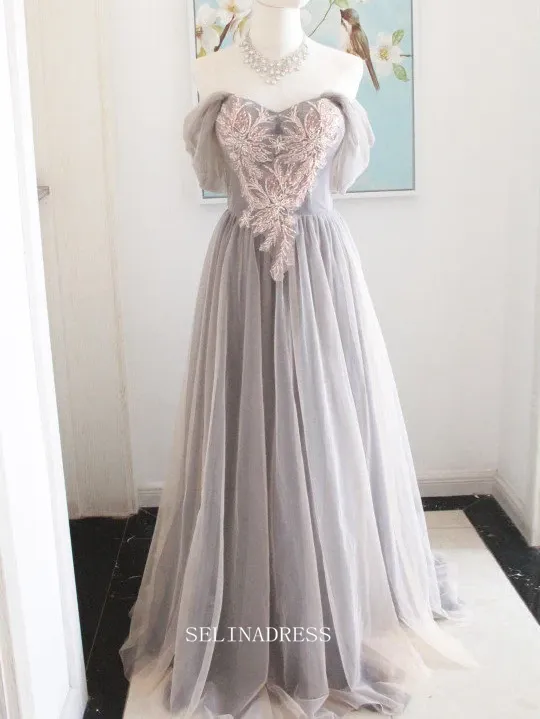 Chic A-line Gray Long Prom Dresses With Sleeves Plus Size Princess Evening Dress Long Formal Dress OSTY048