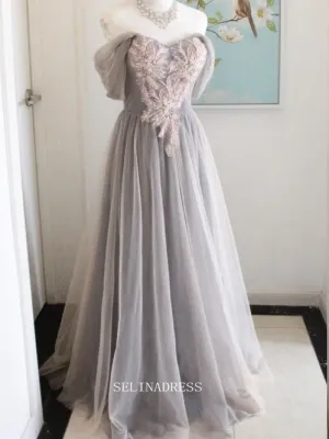 Chic A-line Gray Long Prom Dresses With Sleeves Plus Size Princess Evening Dress Long Formal Dress OSTY048