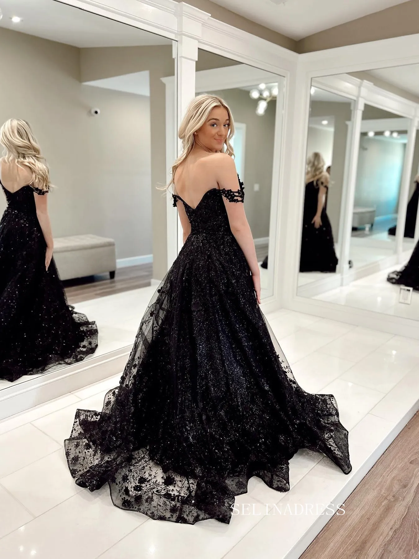 Chic A-line Off-the-shoulder Black Lace Prom Dress Elegant Evening Party Dress #JKSS613