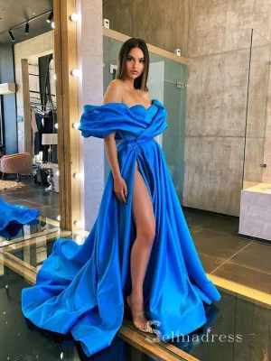 Chic A-line Off-the-shoulder Cheap Prom Dresses Blue Long Evening Gowns MLH0448