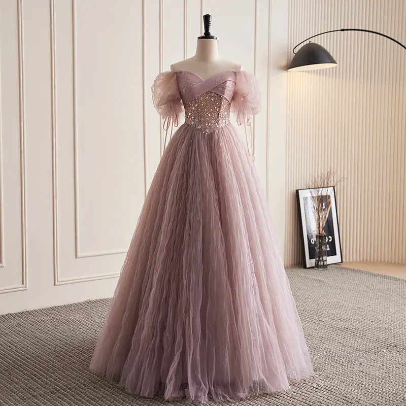 Chic A-line Off-the-shoulder Elegant Ball Gown Dusty Pink Beautiful Princess Dress Evening Dress #LOP289