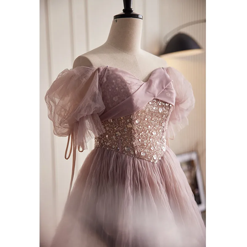 Chic A-line Off-the-shoulder Elegant Ball Gown Dusty Pink Beautiful Princess Dress Evening Dress #LOP289