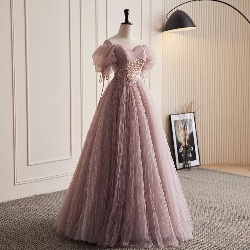 Chic A-line Off-the-shoulder Elegant Ball Gown Dusty Pink Beautiful Princess Dress Evening Dress #LOP289