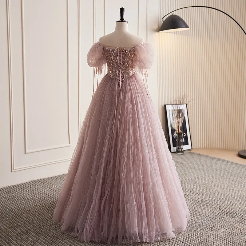 Chic A-line Off-the-shoulder Elegant Ball Gown Dusty Pink Beautiful Princess Dress Evening Dress #LOP289