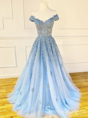 Chic A-line Off-the-shoulder Light Sky Blue Long Prom Dresses Applique Evening Dress CBD383