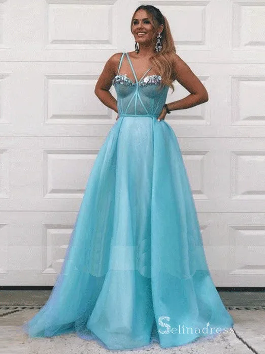 Chic A-line Spaghetti Straps Blue Long Prom Dresses Tulle Evening Gowns MHL2859