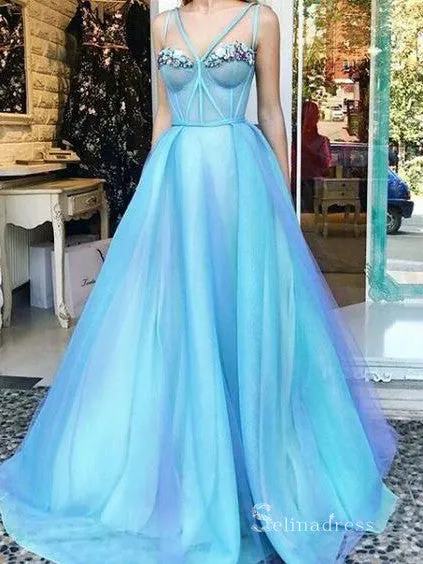 Chic A-line Spaghetti Straps Blue Long Prom Dresses Tulle Evening Gowns MHL2859