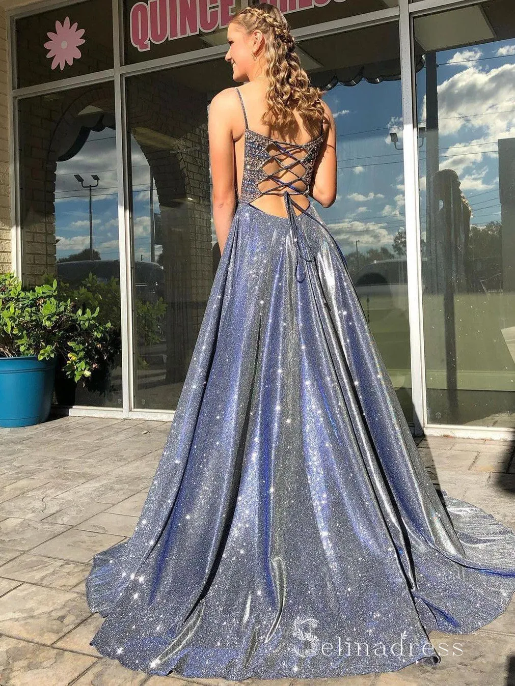 Chic A-line Spaghetti Straps Dark Navy Long Prom Dresses Beaded Evening Dress CBD303