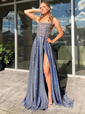 Chic A-line Spaghetti Straps Dark Navy Long Prom Dresses Beaded Evening Dress CBD303