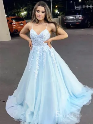 Chic A-line Spaghetti Straps Long Prom Dresses Light Sky Blue Lace Evening Gowns CBD577