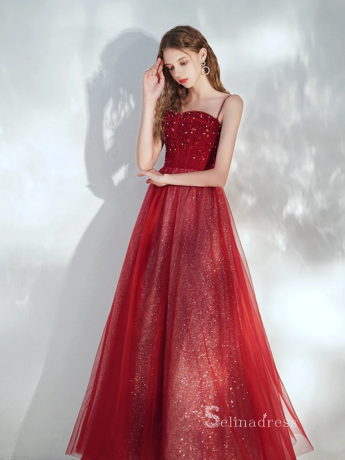 Chic A-line Spaghetti Straps Long Prom Dresses Red Graduaciones Dress CBD104