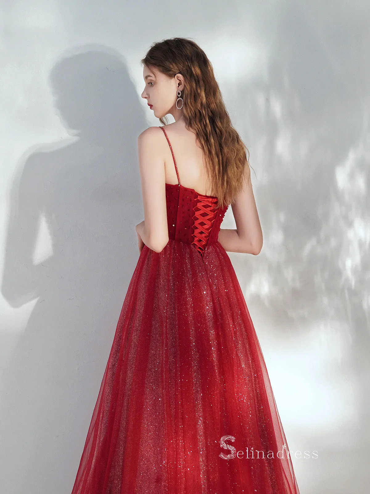 Chic A-line Spaghetti Straps Long Prom Dresses Red Graduaciones Dress CBD104